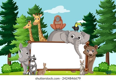 Animales de dibujos animados alrededor de una pancarta blanca vacía