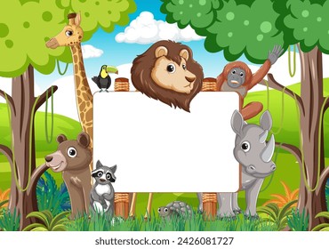 Cartoon animals around an empty white sign