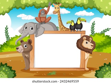 Cartoon animals around an empty white sign