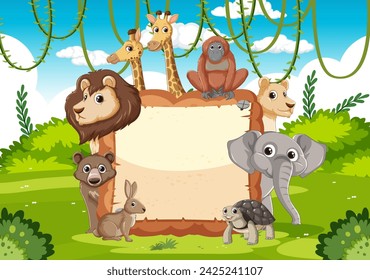 Cartoon animals assembled around a blank sign