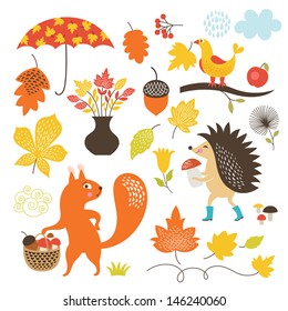 Cartoon animals and autumnal elements, vector set 