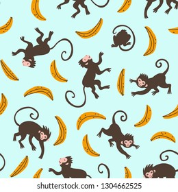 Cartoon animals and bananas isolated on the blue background. Vector Illustration. Hand drawn zoo seamless pattern with monkeys.