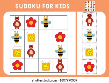 Cartoon animals - bear and bee. Sudoku for kids. Education development worksheet. Activity page with pictures. A puzzle game for children. Set animals. Isolated vector illustrations. Logic training