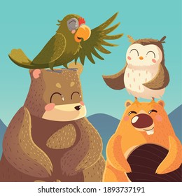 cartoon animals bear parrot beaver and owl wildlife vector illustration