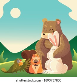 cartoon animals bear rabbit parrot and squirrel in the landscape vector illustration