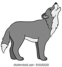 Cartoon animals. Beautiful wolf stands and howls.