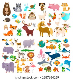 Cartoon animals. Big collection sea animals, wild animals, woodland animals. 