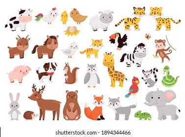 Cartoon animals and birds collection. Cute jungle, forest and farm animals set isolated on white background. Vector illustration for children education.