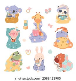 Cartoon animals in blankets. Wild animal covering in warm blanket and drink hot tea or cocoa. Koala giraffe hippo panda with plaids, nowaday vector characters