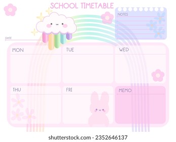 Cartoon animals bunny and cats School timetable , Day planner, Date Blank template. Vector illustration. Minimal style. Clean style. Daily to do. Go to school 