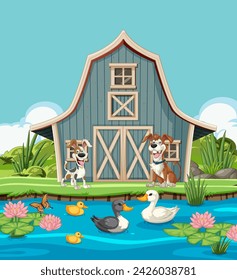 Cartoon animals by the barn and pond