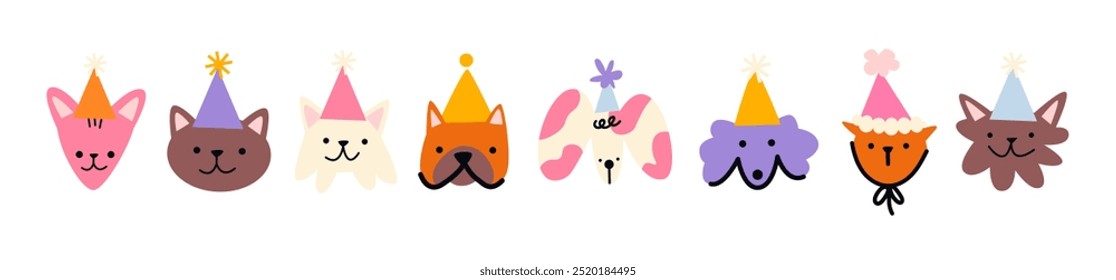 Cartoon animals with caps on their heads in cartoon style. Holiday pets cats and dogs, happy birthday greetings. Vector set of funky stickers