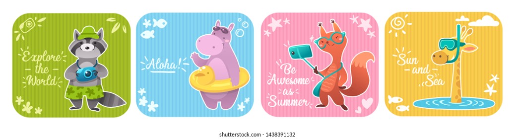 Cartoon animals cards. Vector illustration.