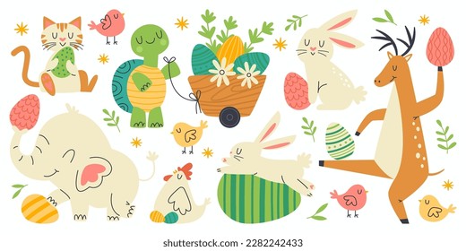 Animales de dibujos animados llevan huevos de Pascua y un juego de iconos planos. Diferentes elementos de vacaciones de primavera. Conejo, tortuga, gato, ciervo, pollitos y huevos. Felices fiestas. Ilustraciones aisladas de color