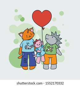 Cartoon animals. Cat, cute kitten with a balloon and hedgehog. Vector illustration