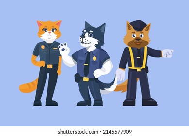 Cartoon animals cat and dog policeman in uniform. Flat vector illustration