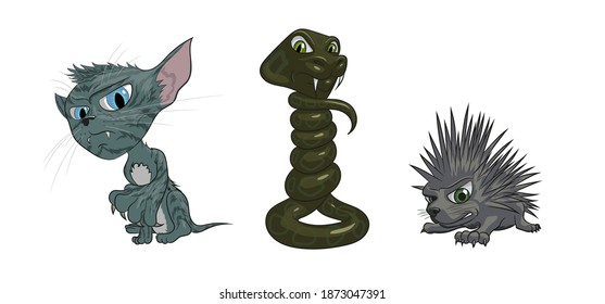 cartoon animals cat, snake and hedgehog