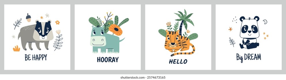 Cartoon animals characters. Jungle and forest inhabitants, baby posters with cute text, wildlife mammals, badger, tiger, panda, vector cards