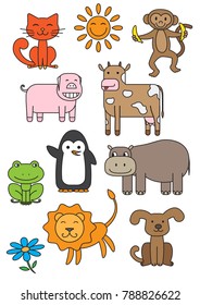 Cartoon animals characters set for children. Vector print ready A4 design