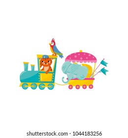 Cartoon animals characters traveling by train. Cute orange tiger, big blue elephant and parrot with colorful feathers. Flat vector design for toy store or mobile game