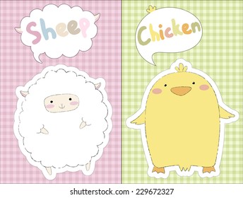 cartoon animals with checkered tablecloths seamless pattern background and speech bubbles