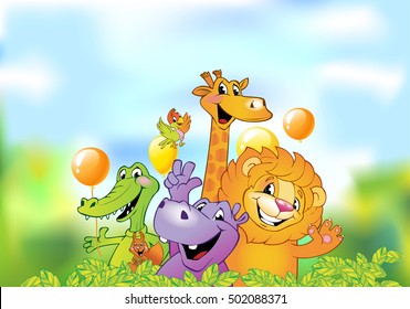 Cartoon animals, cheerful background with free space for text