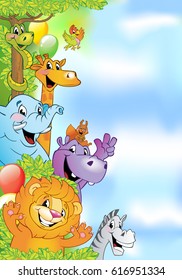 Cartoon animals, cheerful background for poster or birthday card, or invitation with free space for text