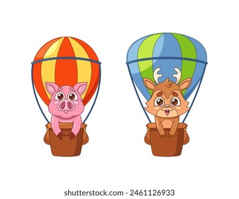 Cartoon Animals, A Cheerful Pig And A Smiling Deer Flying In Colorful Hot Air Balloons, Capturing A Sense Of Adventure