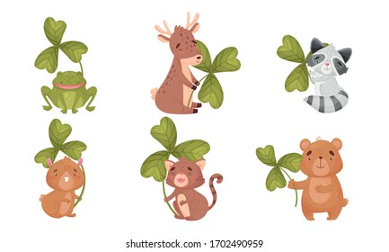 Cartoon Animals with Clover Leaf on Stalk Vector Set