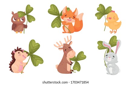 Cartoon Animals with Clover Leaf on Stalk Isolated on White Background Vector Set