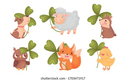 Cartoon Animals with Clover Leaf on Stalk Vector Set