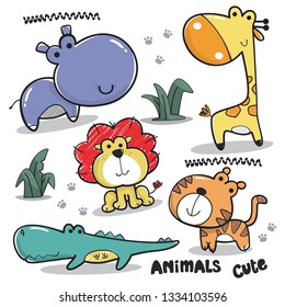 Cartoon animals collection, Cute hippo, lion, giraffe, tiger and crocodile isolated on white background illustration vector.