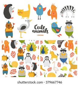 Cartoon animals collection and seamless patterns. Vector cute cat, bear, bird, raccoon, hedgehog, heron, zebra, squirrel isolated on white background, baby animals in love