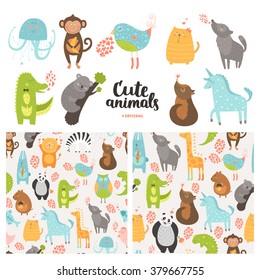 Cartoon animals collection and seamless patterns. Vector cute monkey, bird, koala, jellyfish, cat, panda, dog, crocodile, unicorn, wolf isolated on white background, baby animals in love