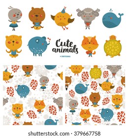Cartoon animals collection and seamless patterns. Vector cute fox, rabbit, cat, merinos, bird, elephant, whale, turtle, bear isolated on white background, baby animals in love