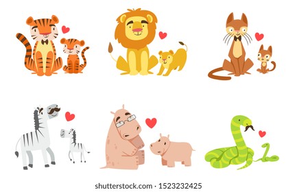 Cartoon animals couple dad and baby. Vector illustration.