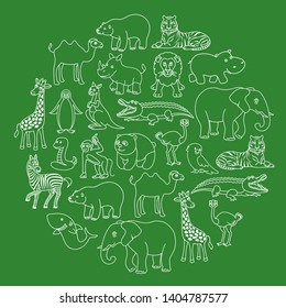 Cartoon animals creatures set African, Asian, Arctic, Antarctica fauna. Black and white graphic vector illustration in the line style circle background