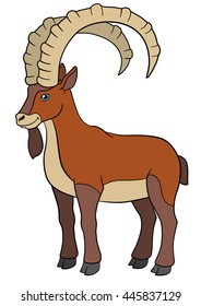 Cartoon animals. Cute beautiful ibex stands and smiles.
