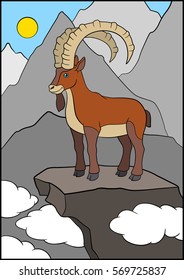 Cartoon animals. Cute beautiful ibex stands on the rock.