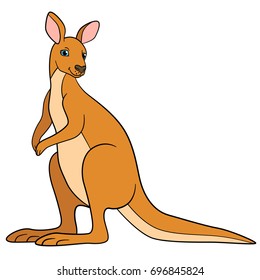 Cartoon animals. Cute beautiful kangaroo stands and smiles.