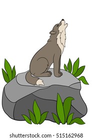Cartoon animals. Cute beautiful wolf sits on the stone and howling.