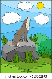 Cartoon animals. Cute beautiful wolf sits on the stone and howling.