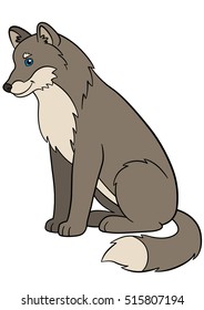 Cartoon animals. Cute beautiful wolf sits and smiles.