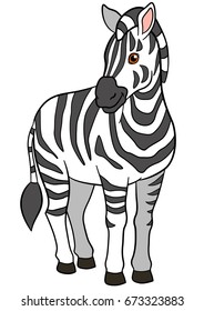 Cartoon animals. Cute beautiful zebra stands and smiles.