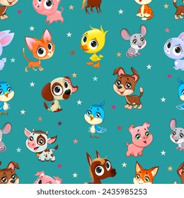 Cartoon animals, cute birds, animals, dogs, cats, pigs, cow, horse, bunny, mouse, seamless pattern, children's pattern, creative children's texture, print, for fabric, packaging, textiles, wallpaper