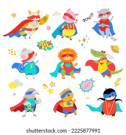 Animación de dibujos animados adorable conjunto de superhéroes. Héroe infantil en capa y máscara, personajes infantiles de animales cómicos. Clíparte vectorial de superhombres aislados y divertidos hoy en día