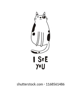 Cartoon animals. Cute wild animals. Cut hand drawn print for baby Shower. monochrome print. Cute cat. I see you