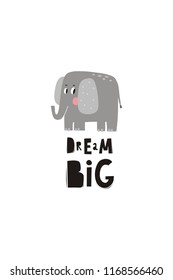 Cartoon animals. Cute wild animals. Cut hand drawn print for baby Shower. Cute Elephant. Dream Big