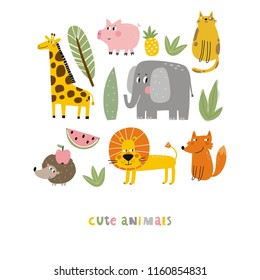 Cartoon animals. Cute wild animals. Giraffe, elephant, pig, cat, hedgehog, lion, fox