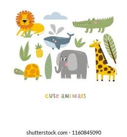 Cartoon animals. Cute wild animals. Lion, elephant, giraffe, crocodile, turtle, whale